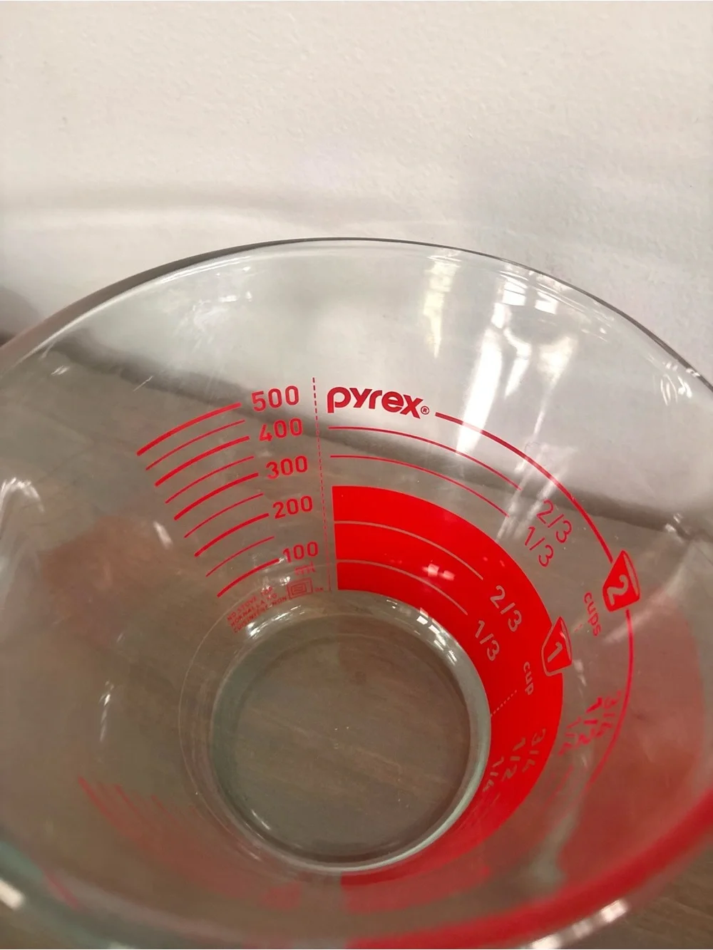Vintage Pyrex 2 Cup Reverse/ Inverted Print Read Red Letter Measuring Cup
